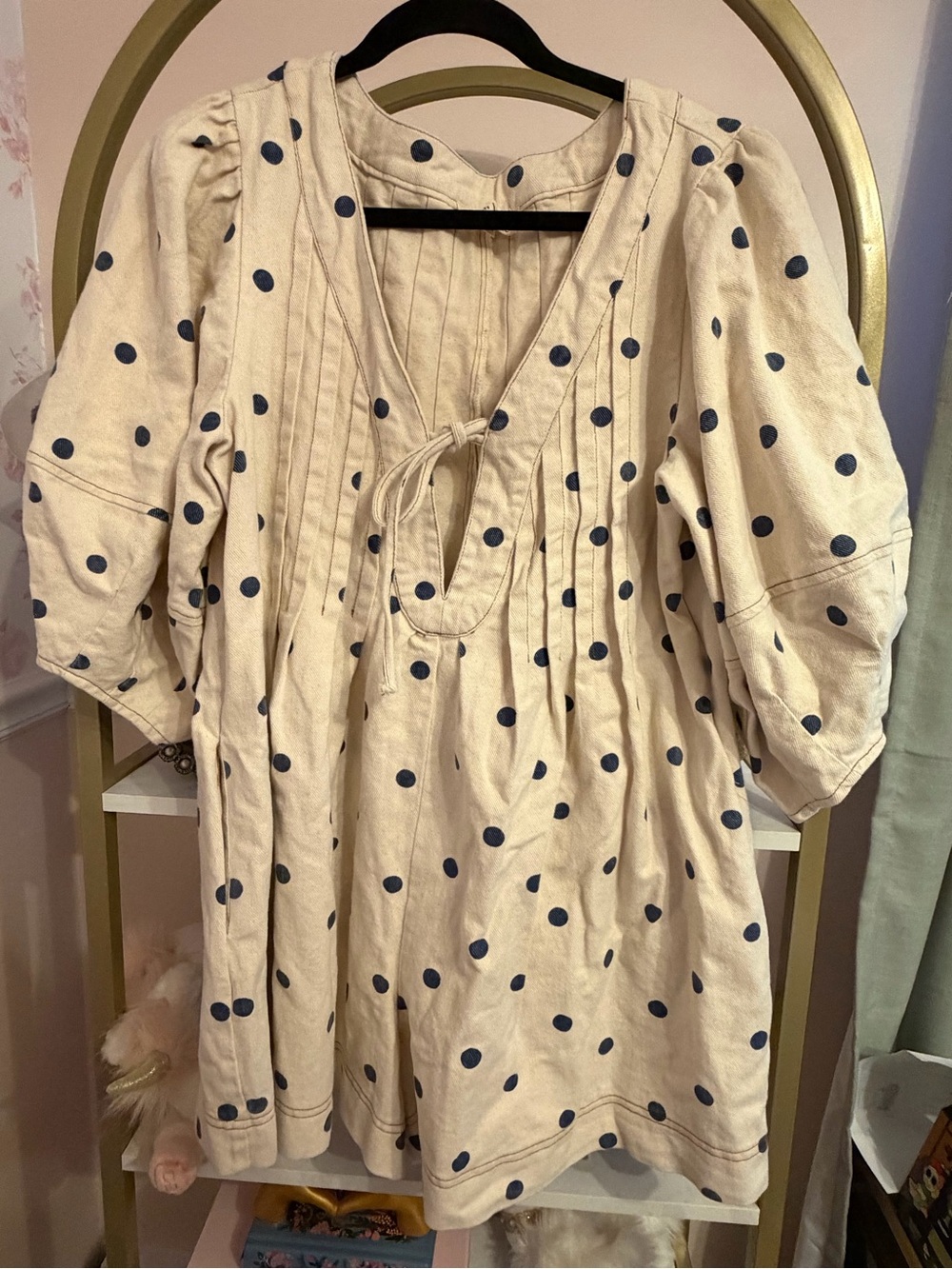 Peach Love California Cream Romper with Navy Polka Dots